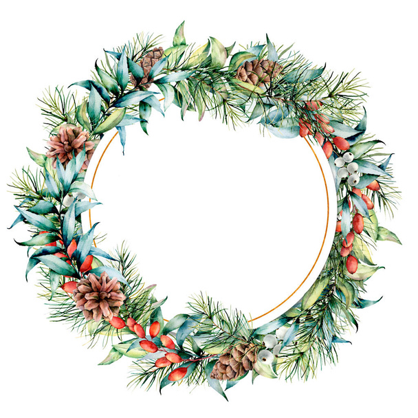 Akvarelu kruh květinové rám s zimní závody a zlatou výzdobou. Ručně malované eukalyptu a jedlové větve, šišky, plody a listy izolované na bílém pozadí. Vánoční přání pro design, tisk - Fotografie, Obrázek