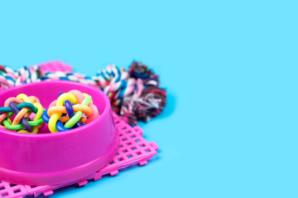 Pet accessories concept. Pet bowl, Rope and rubber ball on light blue background. - Foto, imagen