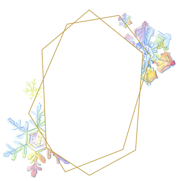 Christmas snowflaks. Geometric crystal mosaic shape. Watercolor frame border ornament square. - Fotó, kép