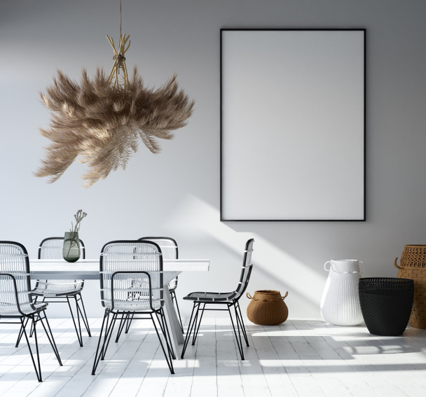 Home Interieur mit Poster-Attrappe, skandinavischem Stil, 3D-Render - Foto, Bild