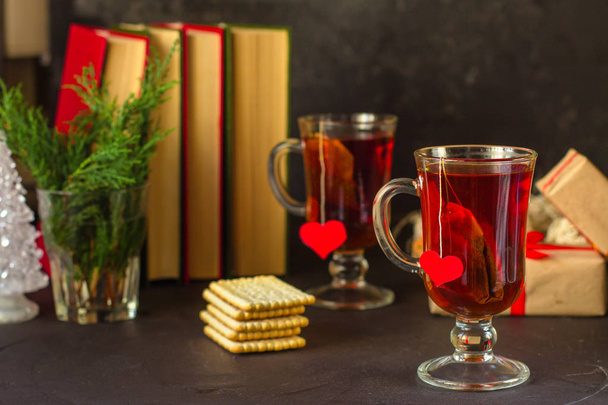 tea and festive atmosphere (heart and love). Copy space. Top view - Photo, Image