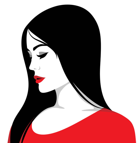 Ilustracja wektorowa piękna młoda kobieta z długimi czarnymi włosami na sobie czerwony strój na białym tle biały - Wektor, obraz