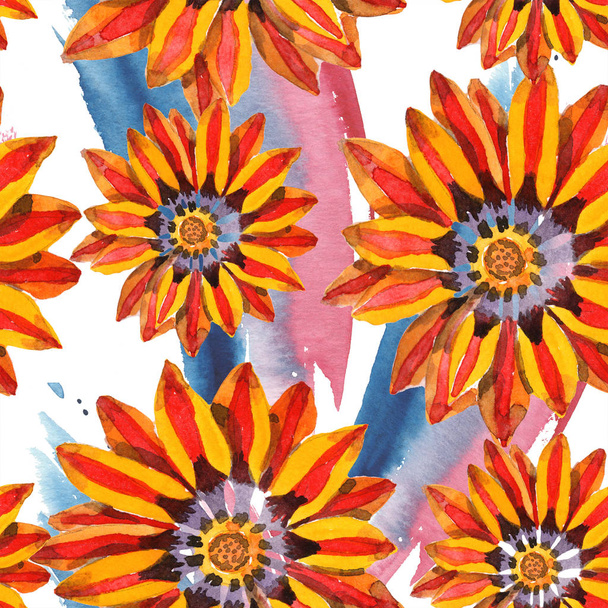 Orange gazania flower. Watercolor seamless background pattern. Fabric wallpaper print texture. - Fotó, kép