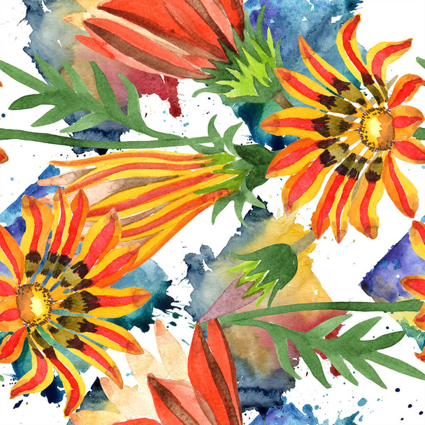 Orange gazania flower. Watercolor seamless background pattern. Fabric wallpaper print texture. - Foto, imagen