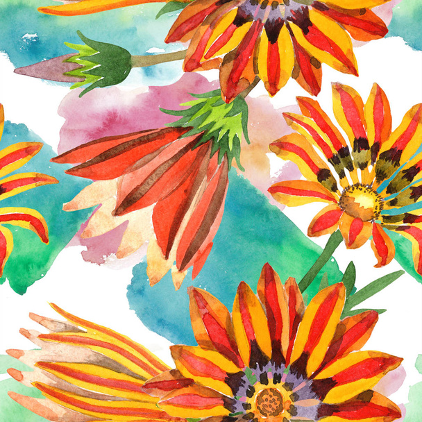 Orange gazania flower. Watercolor seamless background pattern. Fabric wallpaper print texture. - Photo, Image