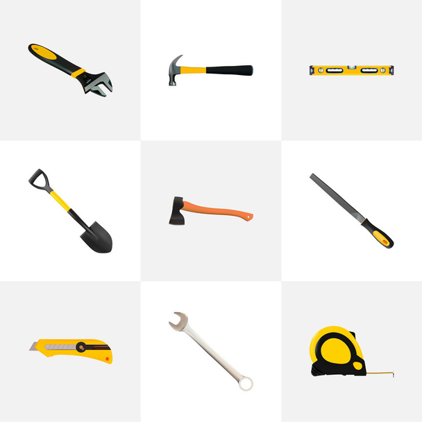 Set tools realistische symbolen met waterpas, schop, cutter en andere pictogrammen voor uw web mobiele app logo ontwerp. - Foto, afbeelding