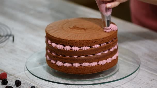 Stap voor stap. Monteren van een chocoladecake met kleurrijke botterroom glimmertjes Baker. - Video