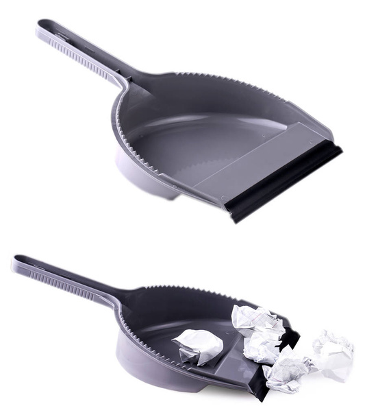  Set of dustpan for house work with garbage papers on white background. Cleaning - Photo, Image