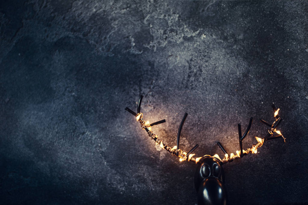 Altın Christmas geyik dekorasyon siyah arka plan üzerinde ışıkları ile üstten görünüm - Fotoğraf, Görsel