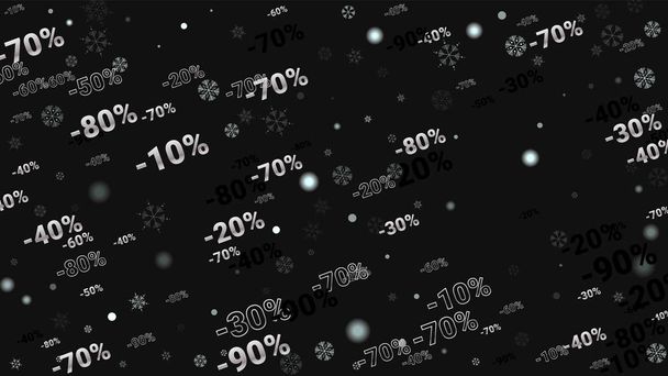 Percent Sings on Dark Background. Black Poster with Silver Percent Sings and Snowflakes. Vector Discount Sale Background. - Διάνυσμα, εικόνα