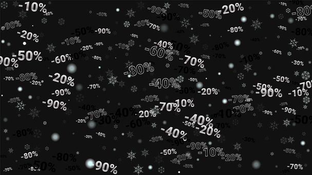 Percent Sings on Dark Background. Black Poster with Silver Percent Sings and Snowflakes. Vector Discount Sale Background. - Vector, imagen