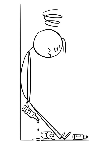 Cartoon of Drunk Man Leaning Against Wall - Vector, Image