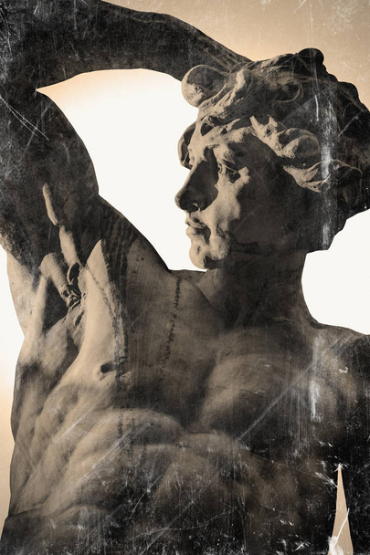 Antique statue of Prometheus in front of the light for mankind as a symbol of freedom and strength of spirit. Retro styled. - Photo, Image