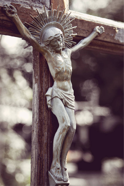 crucifixion of Jesus Christ as a symbol of resurrection and immortality of the human soul (old wooden statue) - Photo, Image