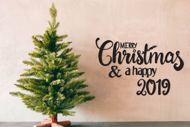 Green Tree, Calligraphy Merry Christmas And A Happy 2019 - Φωτογραφία, εικόνα