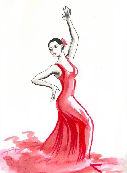 Flamenco dancer in red dress. ink and watercolor illustration - Valokuva, kuva