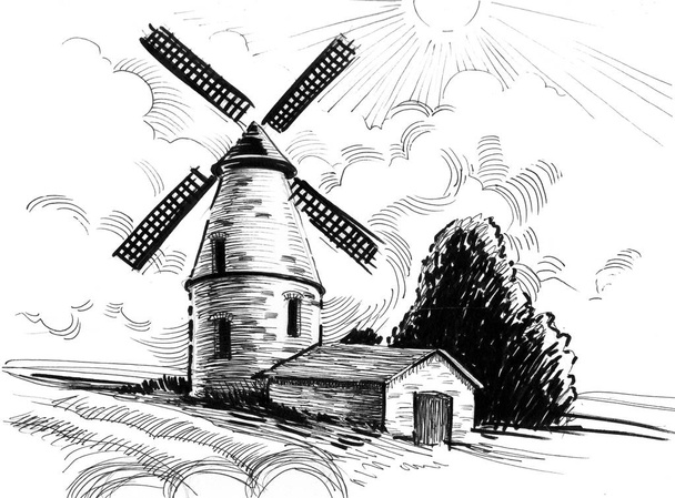 Viejo molino en el campo. Dibujo en blanco y negro de tinta
 - Foto, Imagen