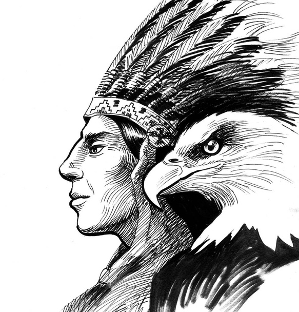 Американських індіанців і орел, ілюстрація чорнила чорно-білі - Фото, зображення