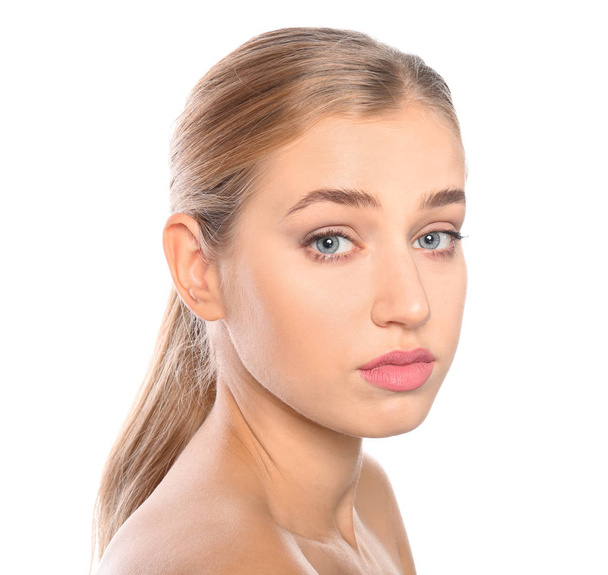 Portrait of young woman with beautiful natural eyelashes on white background - Foto, afbeelding