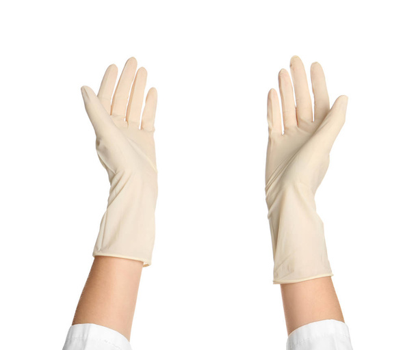 Doctor in medical gloves on white background - Foto, imagen