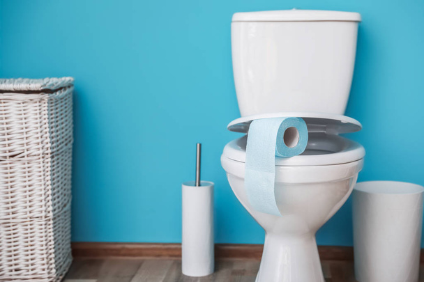 Toilet bowl with paper roll in bathroom - Foto, Imagen