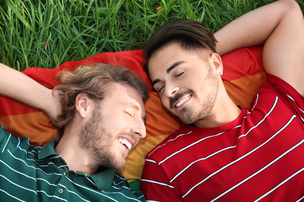 ビューの上の緑の草の上に横たわる幸せなゲイのカップル - 写真・画像