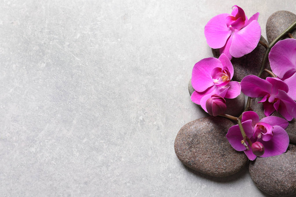 Composition with spa stones and orchid flowers on grey background. Space for text - Foto, Bild