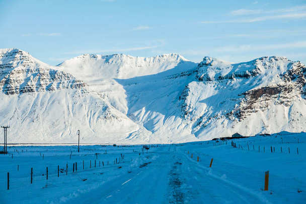 Beautiful winter snow landscape of Snaefellsnesvegur near Kirkjufell - Photo, image