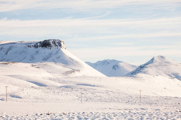 Beautiful winter snow landscape of Snaefellsnesvegur near Kirkjufell - Фото, изображение