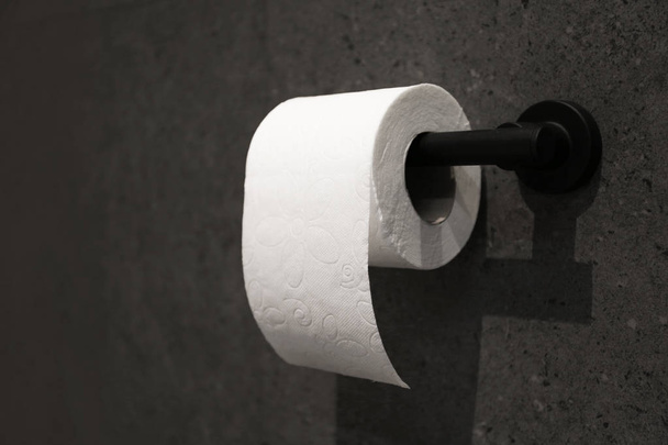 Toilet paper holder with roll mounted on dark wall - Foto, imagen