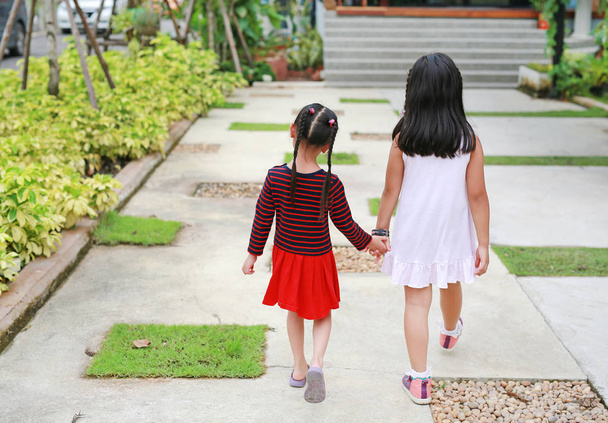 Rear view of Sister hold hands with small children walking on the road garden. - Фото, изображение