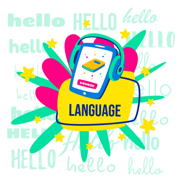 Learning languages concept. Language classes. On the phone, the choice of language online. With headphones you can listen. - Vecteur, image