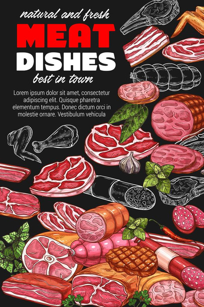 Κρεοπωλείο προϊόντα, σκίτσο αφίσα με πιάτα με κρέας - Διάνυσμα, εικόνα