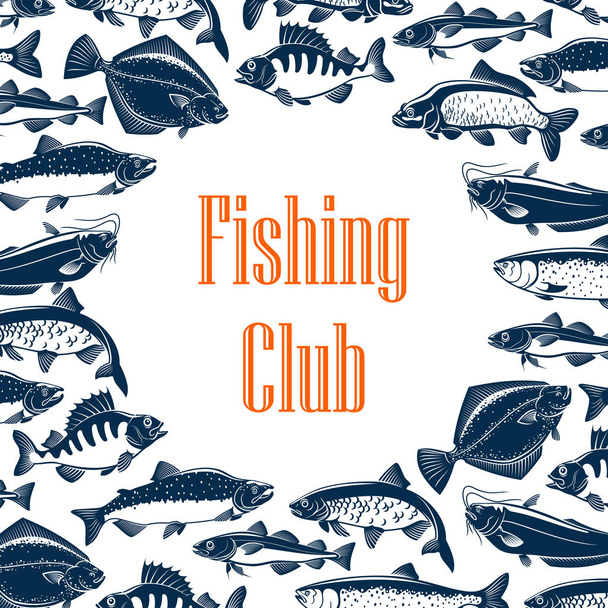 Fishing club poster with fishes in pattern frame - Vector, Image