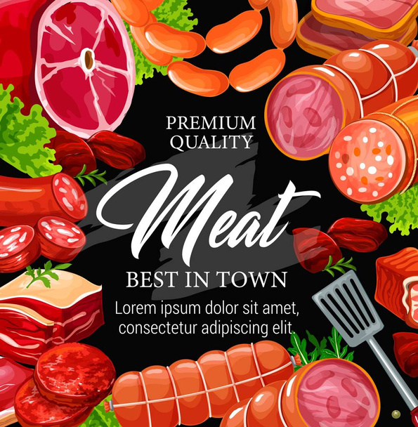 肉屋の店、肉およびソーセージのフレーム - ベクター画像