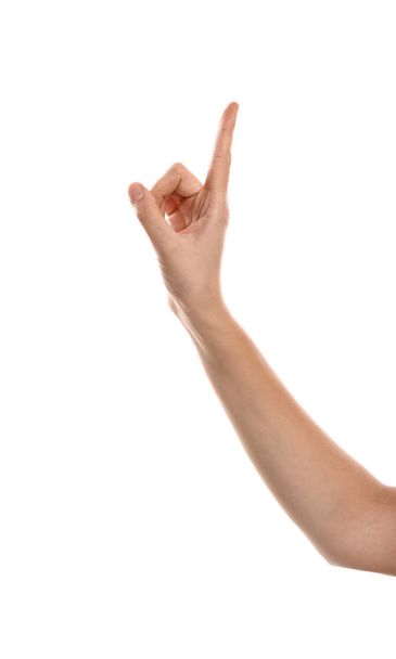 Жіноча рука з піднятим індексним пальцем на білому тлі
 - Фото, зображення