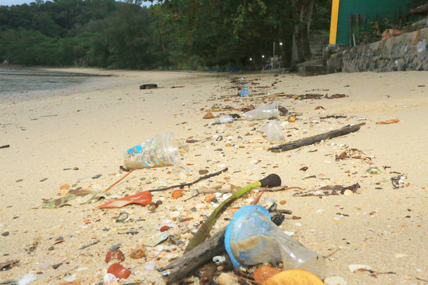 śmieci na plaży, zanieczyszczenie, problem środowiskowy, koncepcja odpadów  - Zdjęcie, obraz
