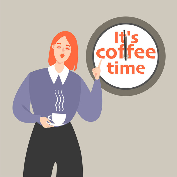 Illustrazione vettoriale di una ragazza con una tazza di caffè che mostra sull'orologio. Immagine simbolica della pausa caffè
 - Vettoriali, immagini