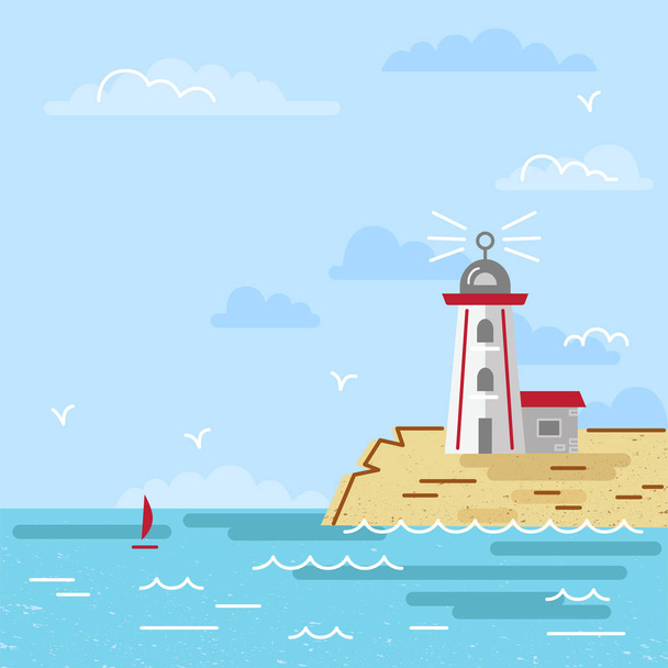 Summer sea landscape with Lighthouse on the island. Flat and line style vector illustration. Travel concept. Hello summer card. - Διάνυσμα, εικόνα