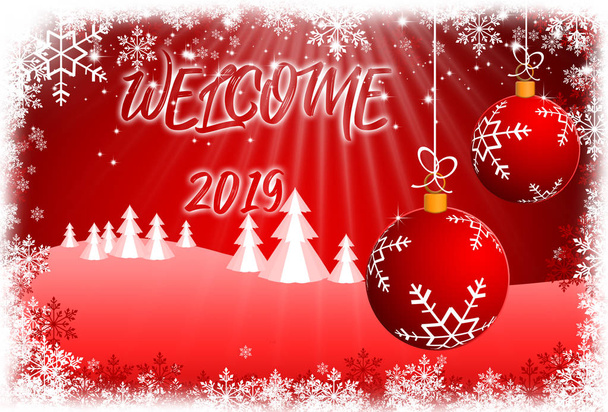 Поздравительная открытка с надписью WELCOME 2019 на снежном ландшафтном фоне. Зимняя праздничная композиция. Рождество и Новый год
 - Фото, изображение