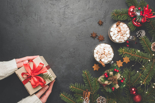 Christmas Background Fir Tree Hot Chocolate Decorations Gift Box - 写真・画像
