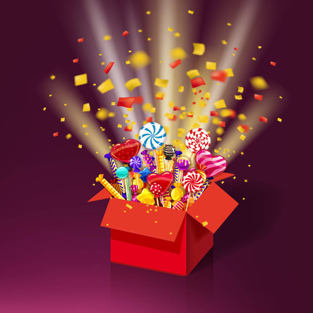 Boże Narodzenie pudełko Słodki upominek. Eksplozja konfetti. Otwórz pole 3d-czerwony z yum, słodycze, galaretki, słodycze. Świąteczna niespodzianka z cukierków. Słodki ikony z efektami świetlnymi i cząstek. Szablon - Wektor, obraz