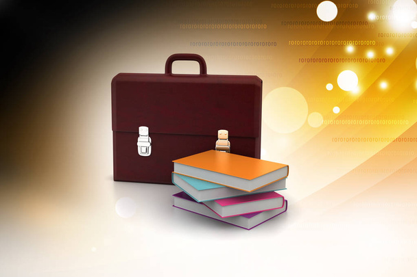 3d illustration of leather briefcase and books  - Φωτογραφία, εικόνα