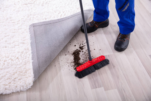 Lowsection View Of A Janitor Cleaning Dirt Under The Carpet With Mop - Foto, Bild