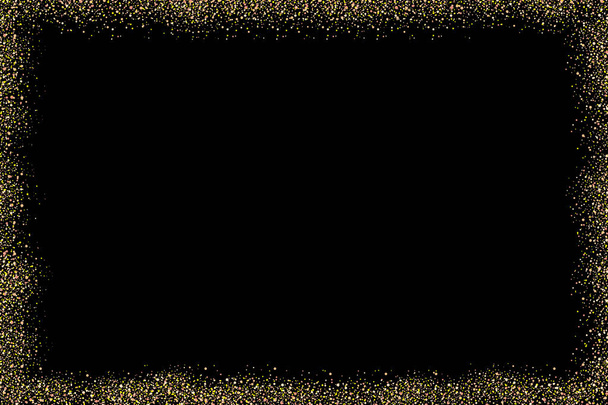 Золотая рама глиттер изолирована на черном фоне. Текстура золотистого наложения. Праздничный дождь из блестящих частиц для поздравления, иллюстрации
 - Фото, изображение