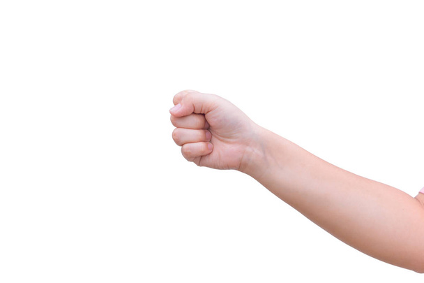 Meisje vet hand vuist geïsoleerd op witte achtergrond - Foto, afbeelding