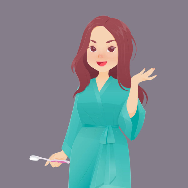 Illustration woman in green robe brushing teeth against gray background, Vector and Cartoon. - Vector, Image