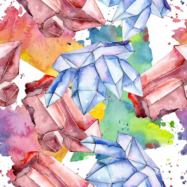 Red and blue crystal mineral. Seamless background for print texture. Watercolor geometric polygon crystal stone. - Foto, imagen