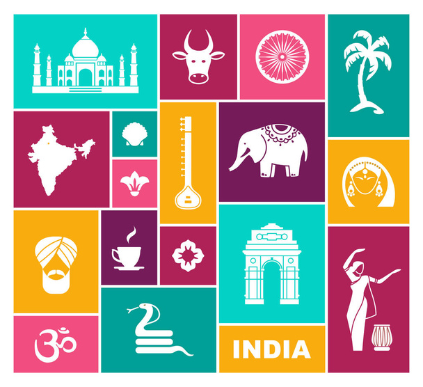 インドのアイコン。伝統的なシンボルとフラットのベクトルのアイコン - ベクター画像