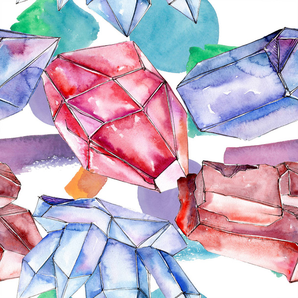 Red and blue crystal mineral. Seamless background for print texture. Watercolor geometric polygon crystal stone. - Foto, Imagem